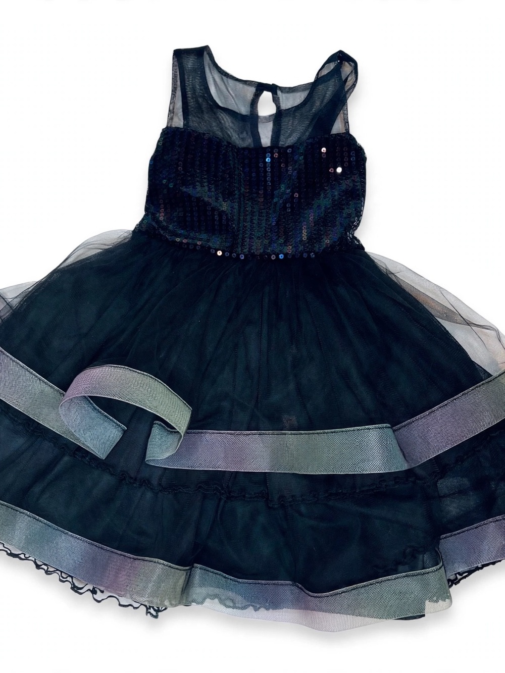 Bonnie Jean Black Tulle Sequin Party Dress with Iridescent Ribbon
